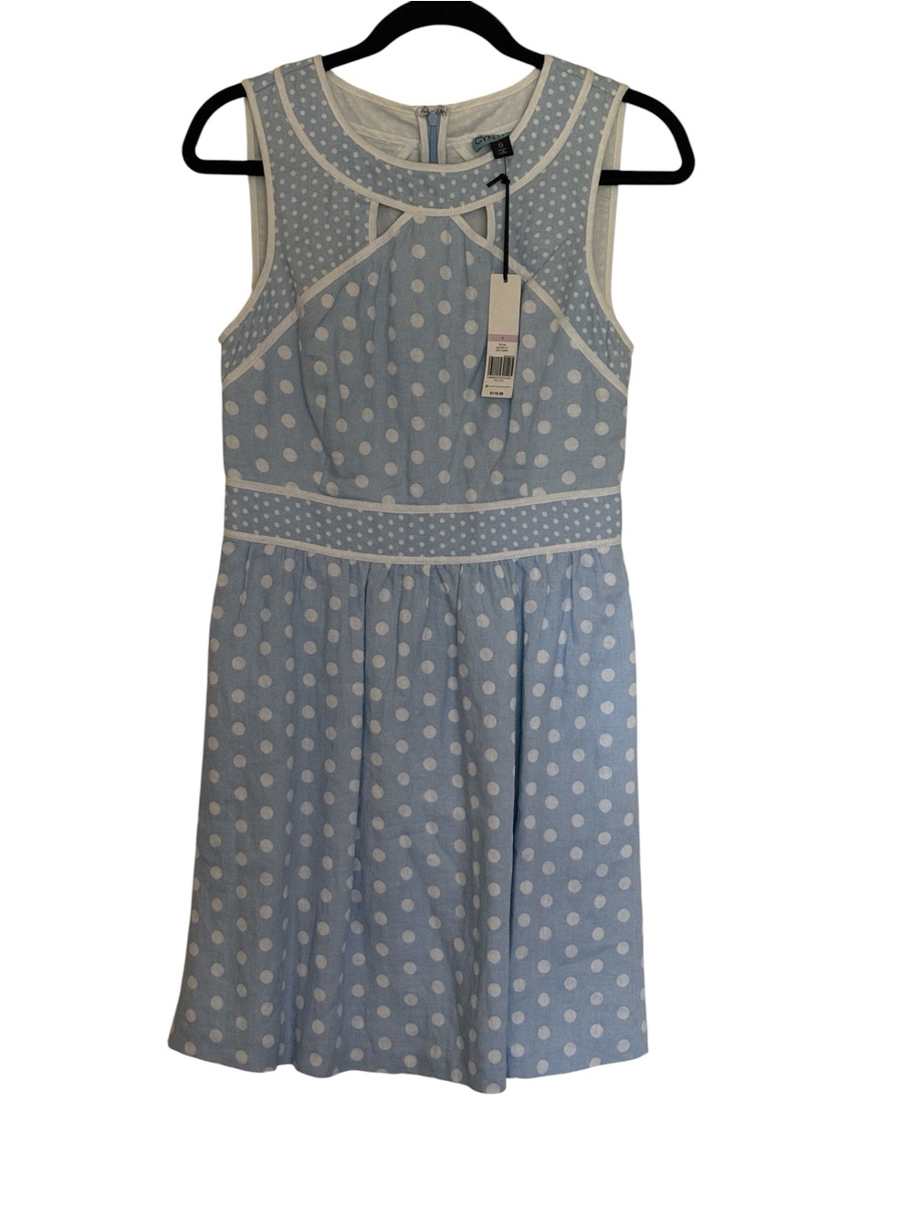 Cynthia Rowley light blue and white polka dot sleeveless A-line dress, size 6